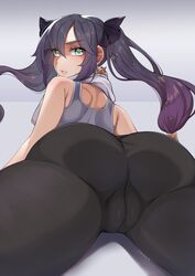 1girls ass bangs bare_arms bare_shoulders big_ass big_butt black_hair black_pants black_ribbon bubble_butt caleana cameltoe earrings female from_behind genshin_impact gradient_hair green_eyes grey_tank_top hair_between_eyes hair_ribbon highres huge_ass jewelry long_hair looking_at_viewer looking_back lying mona_(genshin_impact) multicolored_hair on_stomach pants parted_lips ribbon shoulder_blades simple_background solo star_(symbol) star_earrings tank_top towel towel_around_neck twintails yoga_pants