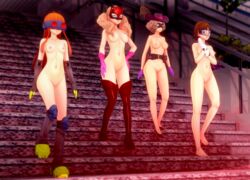 3d ann_takamaki armwear barefoot belt blonde_hair boots breasts brown_hair casual clothing exposed_torso fefreak726 female footwear functionally_nude gloves handwear haru_okumura hat human koikatsu legwear makoto_niijima mask masked_female multiple_girls naked_boots naked_footwear naked_gloves naked_hat nude orange_hair pale_skin persona persona_5 phantom_thief_suit pussy sakura_futaba stairs walking