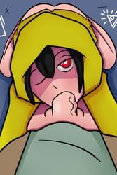 barefoot blowjob female heart-shaped_pupils human little_nightmares little_nightmares_2 male mono_(little_nightmares_2) oral oral_sex outerwear pale_skin pov pov_eye_contact raincoat six_(little_nightmares) yellow_raincoat