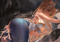 1girls after_bestiality after_sex animal_genitalia animal_penis artoria_pendragon artoria_pendragon_(lancer) bent_over bestiality blonde_hair blue_legwear blue_pantyhose bunny_ears bunnysuit censored clothed_female clothed_sex clothing crotchless cum cum_in_pussy cum_inside cum_leaking cum_leaking_out_of_pussy cum_on_body cum_on_clothes fate_(series) female_human/male_feral female_on_feral femsub feral feral_on_female green_eyes high_resolution highleg highleg_leotard horse horse_penis horsecock human interspecies legwear leotard long_hair maledom mosaic_censoring no_panties pantyhose penis polki sex white_leotard zoophilia