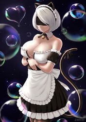 1girls blindfold breasts bubbles cat_ears cat_girl cat_tail female female_focus female_only heart_bubbles kaos_art maid_uniform nier:_automata nier_(series) short_hair solo solo_female white_hair yorha_2b