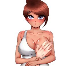 1girls 2022 alternate_version_available asahina_aoi bangs blue_eyes blush blushing_at_viewer breast_grab breast_out breast_squeeze breasts brown_hair clover_jello collarbone danganronpa danganronpa:_trigger_happy_havoc dark-skinned_female dark_skin facing_viewer female female_focus grope groping hair_ornament hairclip high_ponytail human human_focus human_only large_breasts looking_at_viewer ponytail pov pov_eye_contact pov_hands shirt simple_background squeeze squeezing squeezing_breast straight_hair surprised tan tan-skinned_female tan_skin tank_top tanned_skin teenager white_background white_shirt