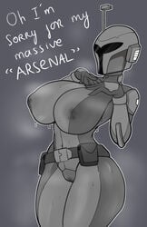 armor big_breasts breasts curvy hand_on_breast hands_on_breasts helmet hips hourglass_figure large_breasts mandalorian mandalorian_armor mandalorian_helmet nipples_visible_through_clothing skin_tight skintight skintight_bodysuit star_wars text thick thick_thighs wide_hips zzvinniezz