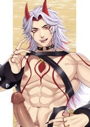 1boy abs arataki_itto artist_name bare_chest black_nails choker erection genshin_impact grey_hair highres horns looking_at_viewer male male_focus male_only muscular muscular_male navel nipples o-ring o-ring_choker oni oni_horns open_mouth orange_eyes penis red_horns riikochan solo spiked_choker spikes teeth tongue tongue_out twitter_username uncensored upper_body watermark white_hair