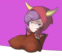 1girls a- big_breasts breasts busty courtney_(pokemon) courtney_(pokemon_oras) erect_nipples erect_nipples_under_clothes female female_only fully_clothed hand_on_face hood huge_breasts nintendo pokemon pokemon_oras purple_background purple_eyes purple_hair short_hair skin_tight solo sweater team_magma