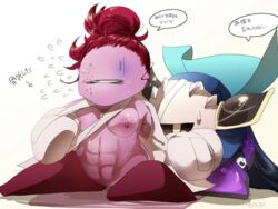 1boy 1girls abs areolae armor blade_knight breasts gloves hairbun japanese_text kirby_(series) mask meta_knight nintendo nipples nude nude_female nude_female_clothed_male pink_skin red_hair simple_background sweat sweatdrop translation_request vespamandarinie yellow_eyes