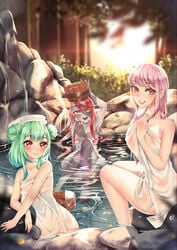 3girls bucket hololive hololive_english hololive_fantasy hololive_indonesia hololive_indonesia_holoro hololive_japan hololive_myth kureiji_ollie mori_calliope multiple_girls onsen patchwork_skin towel_only uruha_rushia virtual_youtuber zombie_girl