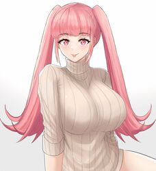 1girls absurdres alternate_costume bangs blunt_bangs breasts closed_mouth commentary desspie english_commentary eyebrows_visible_through_hair female fire_emblem fire_emblem:_three_houses highres hilda_valentine_goneril large_breasts long_hair looking_at_viewer naked_sweater nintendo pink_eyes pink_hair ribbed_sweater sidelocks simple_background smile solo sweater tongue tongue_out turtleneck turtleneck_sweater twintails very_long_hair white_background white_sweater