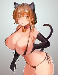 :o animal_ears areolae ass bangs bell bikini black_gloves blush braid breasts brown_eyes brown_hair cat_ears cat_girl cat_tail collar elbow_gloves eyebrows_visible_through_hair female french_braid gloves hair_between_eyes harusame-r highres huge_breasts jingle_bell koiwai_yoshino looking_at_viewer masamune-kun_no_revenge micro_bikini navel neck_bell nipples pink_collar short_hair side-tie_bikini side_braid solo strap_gap swimsuit tail