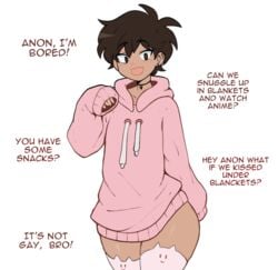 1boy 2d 2d_(artwork) ambiguous_gender androgynous anime_dork_boyfriend_meme baggy_clothing cat_thighighs choker clothing dark-skinned_femboy dark_hair dark_skin earrings english_text femboy femboy_only feminine_face flat_chest flat_chested gay_denial girly hoodie human long_sleeves male male_focus male_only ms_pigtails pink_hoodie short_hair skyguyart smile smiley_face solo solo_male stockings talking_to_viewer text thick_thighs thighhighs thighs white_background wholesome zettai_ryouiki