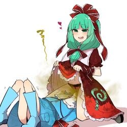 13o 2girls blush facesitting fart fart_cloud fart_fetish green_eyes green_hair hair_ornament kagiyama_hina multiple_girls nitori_kawashiro open_mouth panties tagme touhou yuri