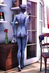 3d alien alien_girl asari asarimaniac ass back barefoot blue_panties blue_skin bra feet female liara_t'soni mass_effect panties_only pulling_panties soles solo standing undressing