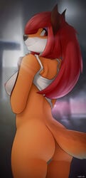 1girls anthro artist_name artist_request artist_signature ass breasts fox fox_girl fox_tail from_behind furry looking_at_viewer looking_back marblesoda nipples shirt_lift solo tagme tagme_(character) tits