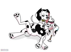 101_dalmatian_street 101_dalmatians anus ass canine canine_pussy collar dalmatian disney disney_xd domestic_dog double_dildo female feral foxretro inktober jamila_dalmatian_(oc) maid_uniform original_character pleasured presenting_hindquarters pussy slut_collar tribadism violet_dalmatian_(oc) yuri