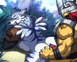 2boys absurd_res anal anal_sex anthro anus armor ass bandai_namco biceps big_muscles clenched_teeth closed_eyes clothed clothing digimon digimon_(species) drks duo ear_piercing fur gay genitals hair hand_on_butt headgear helmet hi_res male male/male male_only male_penetrated male_penetrating muscles muscular muscular_male penetration penile penile_penetration penis penis_in_ass piercing sex teeth wargreymon weregarurumon yaoi yellow_body