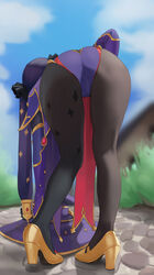 ass ass_focus bent_over black_hair black_legwear blue_cape blue_headwear blue_leotard bodystocking breasts cape detached_sleeves dolri female genshin_impact gold_heels gold_trim hat hat_removed headwear_removed high_heels highleg highleg_leotard highres leotard long_hair mona_(genshin_impact) pantyhose twintails witch_hat