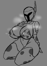 big_breasts bra breasts cow_bikini cow_print female female_focus female_only helmet lactating lactation large_breasts mandalorian mandalorian_helmet sketch star_wars thighhighs zzvinniezz