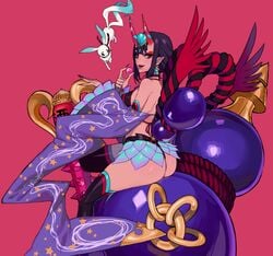 1girls 2020 absurd_res ass bare_shoulders black_legwear club ennuigrl fate/grand_order fate_(series) female female_only food fruit kanabou legwear looking_at_viewer oni oni_horns pointy_ears purple_eyes purple_hair red_background shuten_douji_(fate) sitting smile solo solo_female thick_thighs