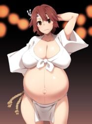 big_belly big_breasts brown_eyes brown_hair cleavage female hachimaki huge_belly kuronyan loincloth looking_at_viewer original pregnant ready_to_pop short_hair solo tied_shirt yamakasa