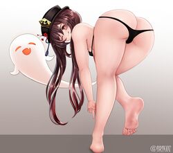 ass ass_focus barefoot blush feet foot_tease genshin_impact highres hu_tao_(genshin_impact) leaning_forward leg_lift one_eye_closed panties spread_legs tongue underwear wink