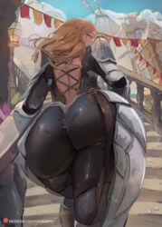 1girls absurd_res armor ass back_cutout bangs black_bodysuit blonde_hair blue_sky bodysuit breasts brown_eyes clothing clothing_cutout dark_blonde dark_blonde_hair dat_ass dirty_blonde dirty_blonde_hair faulds female gauntlets hi_res image kisara_(tales) large_breasts long_hair looking_at_viewer looking_back miraihikari pauldron sandy_blonde sandy_blonde_hair shoulder_armor sky solo solo_female stairs tales_of_(series) tales_of_arise thighs