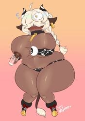 1girls absurd_res ahoge areolae big_breasts blonde_hair blush braid breast_milking breast_squeeze chubby collar cow_ears cow_girl cow_horns cow_print cow_print_armwear cow_tail cowbell curvy dark-skinned_female dark_skin earrings female female_only glass hair_between_eyes hair_over_eyes hip_squish hooves horns jojoniumart lactating_into_cup lactation long_hair milking milking_self nipples nude nude_female panties shortstack simple_background solo solo_female tail tail_tuft thick_thighs wide_hips