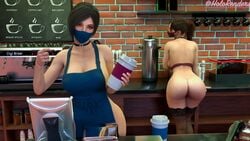 2girls 3d ada_wong ada_wong_(adriana) apron apron_only ass barista bubble_butt busty capcom choker claire_redfield face_mask facewear fast_food female female_focus female_only holorenders hourglass_figure iced_latte_with_breast_milk meme neckwear outerwear resident_evil resident_evil_2 resident_evil_2_remake solo tagme uniform waitress waitress_uniform wide_hips