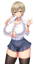 alluring blinking blonde_hair cleavage curvy dark_blonde dark_blonde_hair dirty_blonde dirty_blonde_hair female gyaru hair_ornament huge_breasts leotard lollipop microskirt miniskirt original original_character oshiokitime sandy_blonde sandy_blonde_hair school_uniform schoolgirl shake(pixiv) short_hair smiling t-shirt thick_thighs very_short_hair