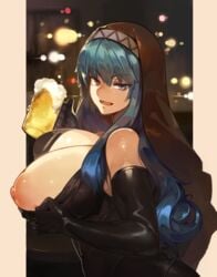 alcohol bare_shoulders beer black_gloves blue_hair breasts cleavage elbow_gloves female gloves gradient_hair green_eyes green_hair harusame-r highres hood huge_breasts long_hair looking_at_viewer multicolored_hair naughty_face nipples one_breast_out original solo