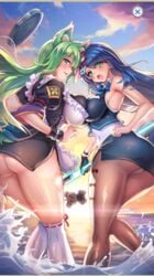 2girls abby_(project_qt) areola areolae ass ass_focus beach big_ass big_breasts black_legwear blue_eyes blue_hair female female_only game game_cg green_eyes green_hair large_ass long_hair looking_at_viewer maggie_(project_qt) maid nutaku outdoors project_qt sheer_legwear wolf_ears