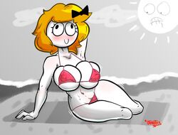 beach bikini black_bow blonde_hair blushed derp_eyes derpina female jarrotxx meme nipple_bulge pubic_hair rage_comics red_bikini resting smiling sole_female sun unshaved_pussy white_skin