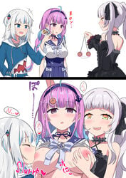 3girls arakage braided_hair breast_sucking fondling_breast forced_yuri gawr_gura hololive hololive_english hololive_gen_2 hololive_japan hololive_myth hypnosis hypnotized minato_aqua multiple_girls murasaki_shion pale-skinned_female twintails virtual_youtuber yuri