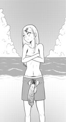 1futa 1puuuuuu 5:9 armpit_hair armpits balls beach clothed clothing clothing_cutout crotch_cutout crotchless cutout dagashi_kashi edit endou_saya_(dagashi_kashi) futa_only futanari greyscale hairy_armpits hairy_penis huge_penis human intersex long_penis male_swimwear male_swimwear_challenge monochrome partially_clothed penis penis_out pixiv public_topless shorts solo standing szmitten topless topless_futanari veiny_penis