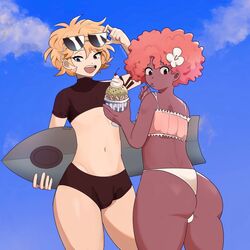 2boys 2femboys afro ass big_ass bikini blonde_hair charley_davis crop_top dark-skinned_femboy dark-skinned_male dark_skin femboy flower flower_in_hair food light-skinned_femboy light-skinned_male light_skin male male_only midriff midriff_baring_shirt ms_pigtails open_mouth original pink_hair sergey_sokolov skyguyart sunglasses sunglasses_on_head swimwear thick_thighs