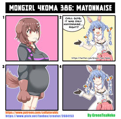 4koma bunny_girl comedy cumflation dog_girl english_text female female_focus funny greenteaneko hand_on_head hololive hololive_fantasy hololive_gamers hololive_gen_0 hololive_japan hoodie humor implied_oral inugami_korone mongirl_4koma multiple_girls pregnant sakura_miko shrine_maiden usada_pekora virtual_youtuber youtube youtuber