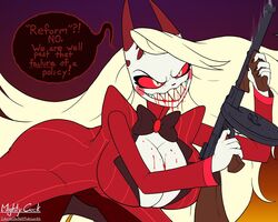 blonde_hair blood bowtie casual charlie_morningstar_(hazbin_hotel) cleavage clothing demon demon_form female firearm gun hazbin_hotel huge_breasts humanoid mightycock neckwear outerwear rifle straight_hair submachine_gun supernatural thompson_m1928 thompson_submachine_gun tuxedo weapon