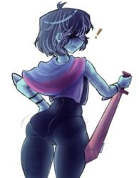 1other ambiguous_gender artist_name ass ass_focus behind_view blue_skin clothed deltarune humanoid kris_(deltarune) krupnik nervous_sweat no_visible_genitalia rule_63 sword thick_thighs thighs tight_pants tights video_game_character