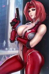 1girls abs against_wall arm_under_breasts bare_shoulders big_breasts blue_eyes bodysuit breasts catsuit child_bearing_hips cleavage clothed clothing code_geass dandon_fuga female female_focus female_only fit fit_female headband hips holding_gun holding_weapon kallen_stadtfeld large_breasts latex latex_bodysuit latex_clothing latex_suit looking_at_viewer medium_hair navel pistol realistic red_hair sleeveless_bodysuit smile solo solo_female solo_focus straight_hair thick_thighs thighs thunder_thighs toned toned_female wide_hips