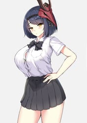 1girls 2021 :< absurd_res alternate_costume ara_ara bare_arms bird_mask black_hair blush bob_cut bow bowtie breast_pocket breasts button_gap clothed clothing eyebrows_visible_through_hair eyes_visible_through_hair female female_only fully_clothed genshin_impact grey_background hand_on_hip highres huge_breasts joshi_kōsei_rich_thots kujou_sara large_breasts line4x looking_at_viewer mask mask_on_head parody pleated_skirt school_uniform shirt short_hair simple_background skirt solo standing thick_thighs thighs uniform yellow_eyes