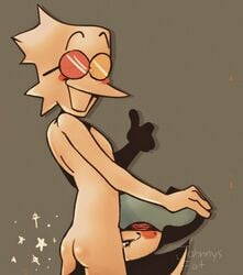 1boy 1girls absurd_res ass big_ass big_butt cum cum_in_mouth deltarune deltarune_chapter_2 fellatio female glasses holding_head implied_fellatio implied_oral johnnysfat male multicolored_glasses oral queen queen_(deltarune) simple_background smile smudged_lipstick smudged_makeup spamton_g_spamton sparkles straight thumbs_up undertale_(series)