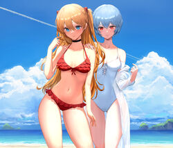 2girls asuka_langley_sohryu blue_hair breasts clothing female human legs light-skinned_female light_skin long_hair looking_at_viewer neon_genesis_evangelion one-piece_swimsuit orange_hair pale-skinned_female pale_skin pigone rei_ayanami short_hair small_breasts swimsuit