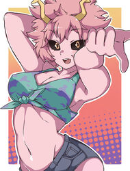 1girls 2d big_breasts black_sclera breasts eye_contact female full_color gokuu_(acoloredpencil) horns looking_at_viewer mina_ashido minishorts my_hero_academia no_penetration no_sex pink_hair pink_skin short_hair shorts solo solo_female standing thick_thighs thighs yellow_eyes