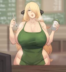 1girls 2021 alternate_breast_size apron areola_slip areolae barista bimbo blonde_female blonde_hair blurry_background breasts busty curvy cynthia_(pokemon) female female_focus female_only hair_ornament hair_over_one_eye hi_res hips holding_object huge_breasts human iced_latte_with_breast_milk indoors large_areolae long_hair looking_at_viewer meme metal_owl naked_apron nintendo outerwear pokemon pokemon_dppt puffy_nipples solo thick_lips venus_body visible_breath voluptuous wide_hips