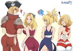 1boy 3girls ass ass_in_dress ass_up ass_view ass_visible_through_clothes ass_visible_through_thighs back_view blonde_hair blue_eyes both_sexes_in_same_situation clothed dr.stone hat karbuitt kohaku_(dr.stone) long_hair luna_(dr.stone) luna_wright minami_hokutozai nanami_ryusui orange_eyes red_eyes short_hair white_background