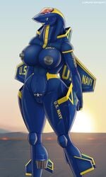 a_drunk_dragon aeromorph aircraft anthro big_breasts blue_angels emily_martin f-35 female female_only huge_breasts living_aircraft living_machine looking_at_viewer nude original purple_eyes pussy solo thick_thighs voluptuous wide_hips