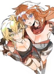 2girls big_breasts blue_eyes breasts childe_(genshin_impact) cleavage clothing genderswap_(mtf) genshin_impact ginger green_eyes mimlmi orange_hair revealing_clothes rule_63 tartaglia_(genshin_impact) thighs thoma_(genshin_impact)