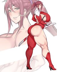 armor ass big_ass big_butt bodysuit curvy female huge_ass huge_breasts huge_butt karino-san_(natedecock) looking_at_viewer mature_female mismatched_legwear muscular_female natedecock original original_character ponytail red_hair sideboob solo sword thick_thighs venus_body