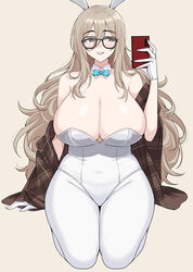 1girls 2021 akane_(blue_archive) akane_(bunny)_(blue_archive) blue_archive blush bowtie breasts brown_eyes brown_hair bunny_ears bunny_girl bunnysuit cleavage coat detached_collar drogod_(artist) female female_focus female_only glasses highleg_leotard hips hourglass_figure huge_breasts kneeling leotard long_hair millennium_science_school_student open_coat phone selfie simple_background smile thick_thighs thighs tights white_leotard white_tights wide_hips