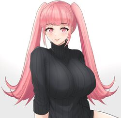 1girls :p absurdres alternate_costume bangs black_sweater blunt_bangs breasts closed_mouth commentary desspie english_commentary eyebrows_visible_through_hair female fire_emblem fire_emblem:_three_houses highres hilda_valentine_goneril large_breasts long_hair looking_at_viewer naked_sweater nintendo pink_eyes pink_hair ribbed_sweater sidelocks simple_background smile solo sweater tongue tongue_out turtleneck turtleneck_sweater twintails very_long_hair white_background