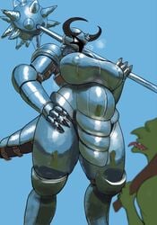 1girls anthro armor bbw big_breasts breasts chainmail claws female helmet horned_helmet huge_breasts humanoid im51nn5 looking_down mace male medieval_armour pelvic_curtain plate_armor pregnant reflective_clothing solid_color_background solo straight tagme tail troll weapon